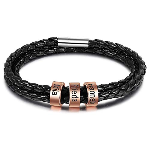 lorajewel Personalisierte Armbänder mit 4 Namen Herren/Damen Schwarz Flechten Lederarmband Kette mit Kindernamen Männer/Frauen Schmuck mit Gravur Rosegold von lorajewel