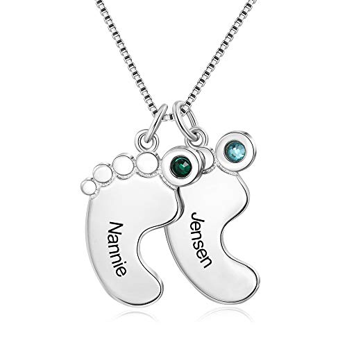 lorajewel Personalisierte Babyfuß Anhänger Gravur Namenskette Silber Damen Mutter Tochter Halskette mit 1-4 Geburtsstein Kette Geschenk für Geburtstag Weihnachten von lorajewel