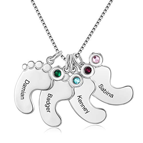 lorajewel Personalisierte Babyfuß Anhänger Gravur Namenskette Silber Damen Mutter Tochter Halskette mit 1-4 Geburtsstein Kette Geschenk für Geburtstag Weihnachten von lorajewel