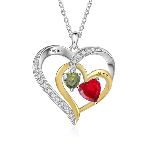 lorajewel Personalisierte Damen Halskette Kette mit Namen - Herz-Anhänger aus Gold und Silber Namenskette - Geschenk für Mama Muttertag Frau Valentinstag Freunde Weihnachten (2 STONE) von lorajewel