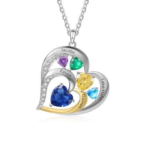 lorajewel Personalisierte Damen Halskette Kette mit Namen - Herz-Anhänger aus Gold und Silber Namenskette - Geschenk für Mama Muttertag Frau Valentinstag Freunde Weihnachten (5 STONE) von lorajewel