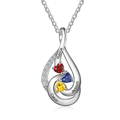 Lorajewel Personalisierte Damen Kette mit 3 Namen Herz Geburtsstein Kristall 925 Sterling Silber Geschenk für Mutter und Tochter Familie Halsketten von lorajewel