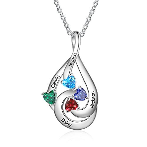 Lorajewel Personalisierte Damen Kette mit 4 Namen Herz Geburtsstein Kristall 925 Sterling Silber Geschenk für Mutter und Tochter Familie Halsketten von lorajewel