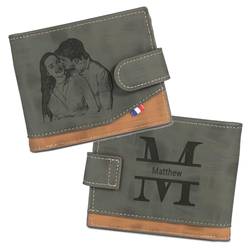 lorajewel Personalisierte Geldbörsen für Männer Gravierte Herren Geldbörsen mit Foto Name Alphabet Leder Karte Brieftasche mit Münzfach Geschenke für Ihn Papa Ehemann Freund (C) von lorajewel
