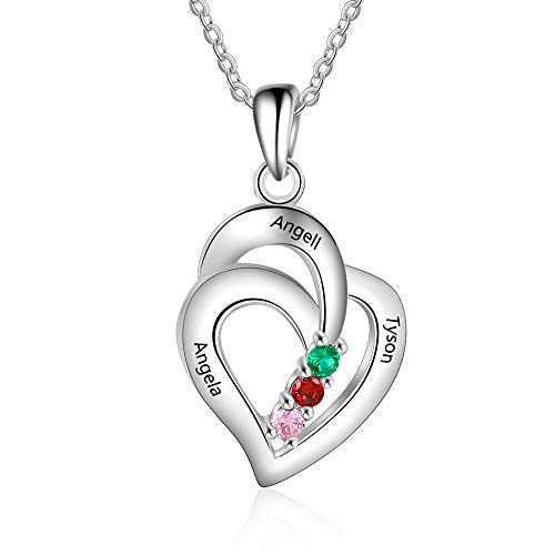 Lorajewel Personalisierte Kette mit Geburtsstein 3 Namen Damen Herz Halskette mit Gravur Sterling Silber 925 Kette Geschenke für sie Mutter und Tochter Schwester Ehefrau Silber von lorajewel