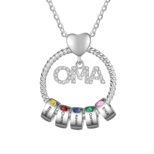 lorajewel Personalisierte OMA MAMA Halskette Kette mit 1-6 Namen Geburtsstein Silber Gold Anhänger Damen Halskette Geschenk für OMA MAMA Weihnachten Muttertag (OMA-silber-5 name) von lorajewel
