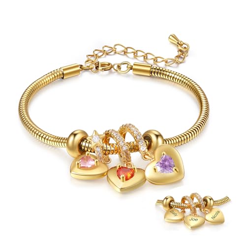 lorajewel Geschenke für mama Kette Muttertag Personalisiertes Armband mit Name Geburtsstein Herz Armband Geschenk für Frauen Weihnachtstag Geburtstag (Gold-3 name) von lorajewel