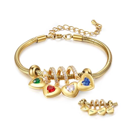 lorajewel Geschenke für mama Kette Muttertag Personalisiertes Armband mit Name Geburtsstein Herz Armband Geschenk für Frauen Weihnachtstag Geburtstag (Gold-4 name) von lorajewel
