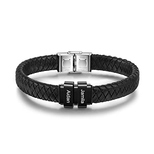 lorajewel Personalisiertes Herren Armbänder mit 2 Namen Männer gewebte Lederseil 23 cm Rostfreier Stahl Armbandgeschenk,Gib meinen Vater und Bruder von lorajewel