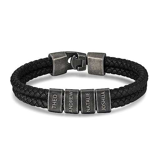 lorajewel Personalisiertes Lederarmband Herren mit Gravur Armband mit Namen Wickelarmband für Männer Tolles Geschenk für Vater Freund Mann (21.5CM, 4 Namen) von lorajewel