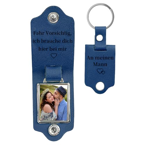 lorajewel Schlüsselanhänger Personalisiert Leder Schlüsselanhänger mit Namen Foto Geschenke für Männer PAPA-Fahr Vorsichtig, ich brauche dich hier bei mir (Blau) von lorajewel