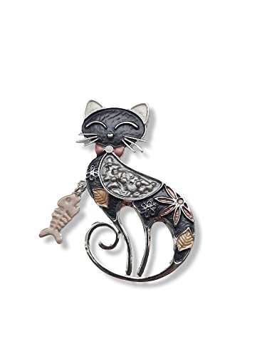 Brosche Magnetbrosche Schal Clip Bekleidung Poncho Taschen Stiefel Textilschmuck Katze und Fisch Grau von lordies