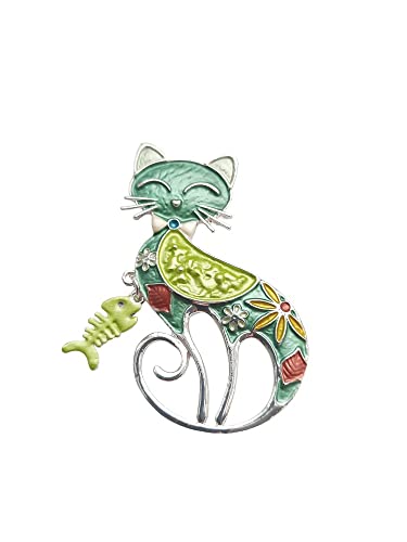 Brosche Magnetbrosche Schal Clip Bekleidung Poncho Taschen Stiefel Textilschmuck Katze und Fisch Silber - Grün von lordies