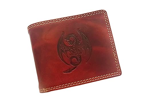 Herren Geldbörse Portmonee Portemonnaie Geldbeutel Echtes Leder Drache Rot Red Quer von lordies