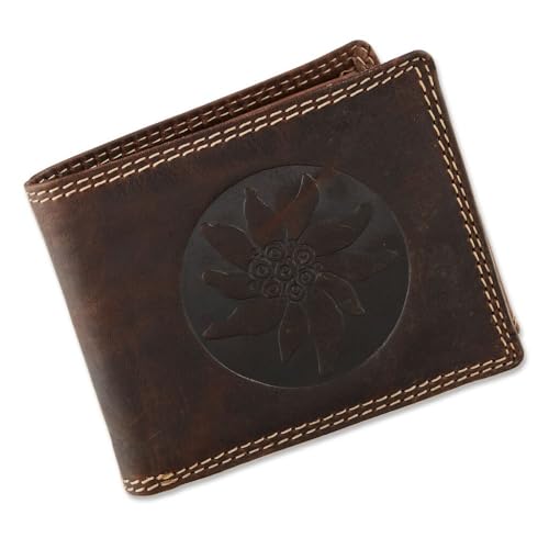 Herren Geldbörse Portmonee Portemonnaie Geldbeutel Leder Edelweiß Blume Braun von lordies