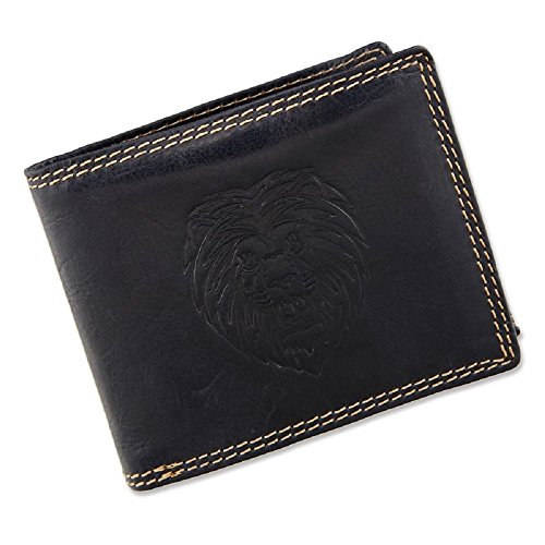 Herren Herrengeldbörse Portmonee Portemonnaie Geldbeutel in Querformat echtes Leder Löwen-Motiv 9,5x12x2,5cm Navy Blau von lordies