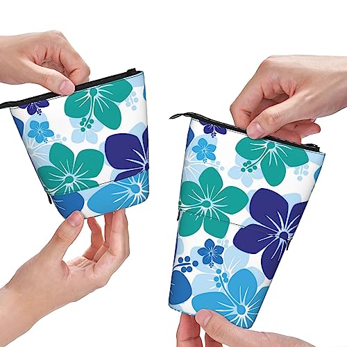 losolese Blaues Hawaii-Blumen-Druck-Teleskop-Federmäppchen, Ständer-Stifthalter mit Reißverschluss, Make-up-Tasche, Bleistiftbeutel, Stifttasche von losolese