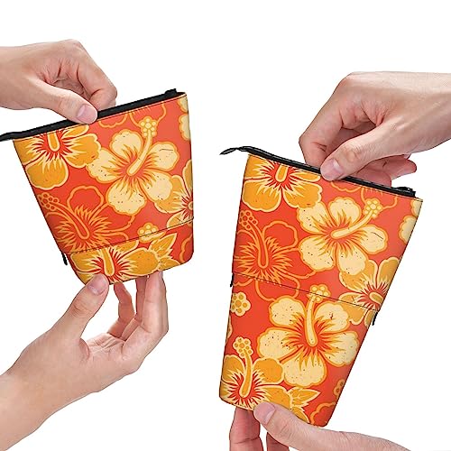 losolese Orangefarbenes Hawaii-Druck-Teleskop-Federmäppchen, Ständer-Stifthalter mit Reißverschluss, Make-up-Tasche, Bleistiftbeutel, Stifttasche von losolese