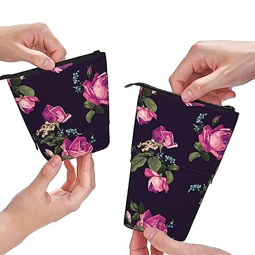 losolese Rosa Blumen-Druck-Teleskop-Federmäppchen, Ständer-Bleistifthalter mit Reißverschluss, Make-up-Tasche, Bleistiftbeutel, Stifttasche von losolese