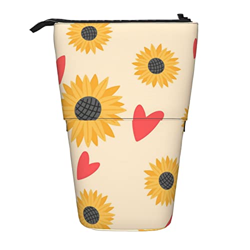 losolese Süßes Teleskop-Federmäppchen mit Sonnenblumen- und Herzmotiv, Standstifthalter mit Reißverschluss, Make-up-Tasche, Bleistiftbeutel, Stifttasche von losolese