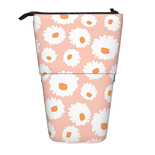 losolese Weiße Gänseblümchen-Blumen auf rosa Teleskop-Federmäppchen, Ständer-Stifthalter mit Reißverschluss, Make-up-Tasche, Bleistiftbeutel, Stifttasche von losolese