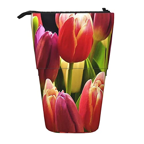 losolese Wunderschönes Teleskop-Federmäppchen mit Tulpen-Print, Standstifthalter mit Reißverschluss, Make-up-Tasche, Bleistiftbeutel, Stifttasche von losolese