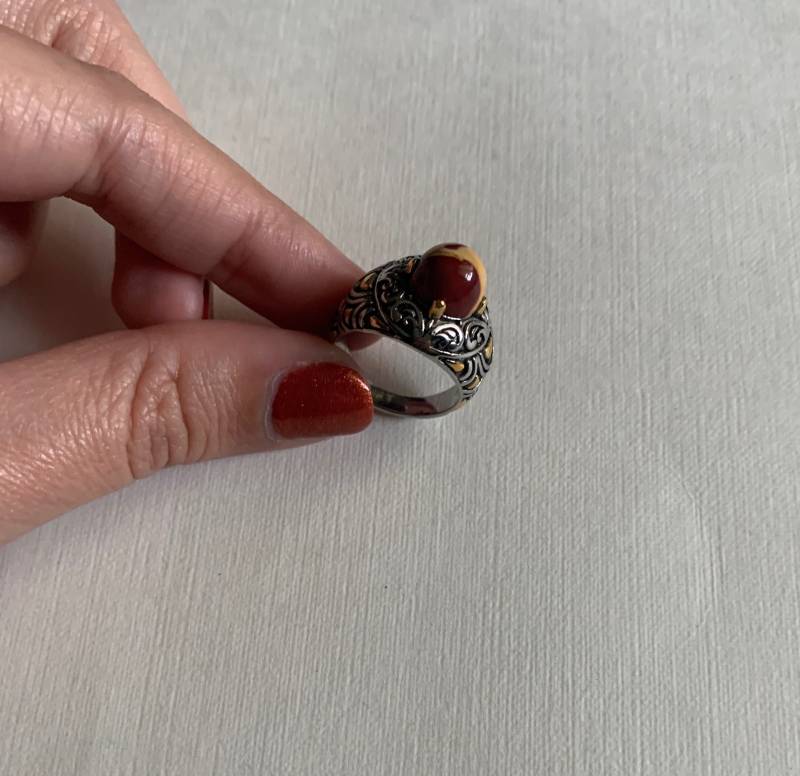 Vintage Silber Ton Stahl Strukturierte Braun Und Elfenbein Jaspi Stein Ring Größe 8 von lostnfoundcalifornia