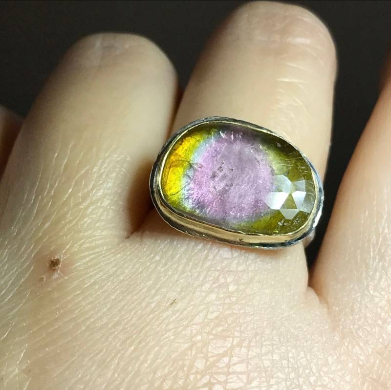 Bi Turmalinring, Edelsteinring, Cocktailring, 18K Und Argentium Sterling Silber - Versand in Den Nächsten 9 Tagen von louisagallery