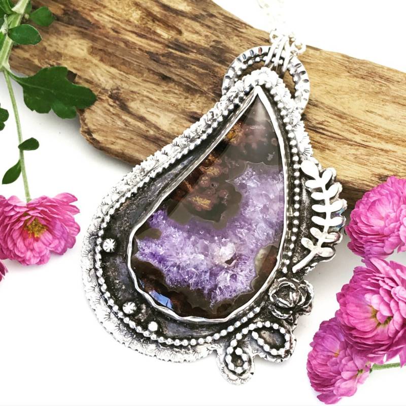 Goldener Plume Achat Mit Amethyst Argentium Sterling Silber Anhänger, Recycelt - Versandfertig in Den Nächsten 9 Tagen von louisagallery