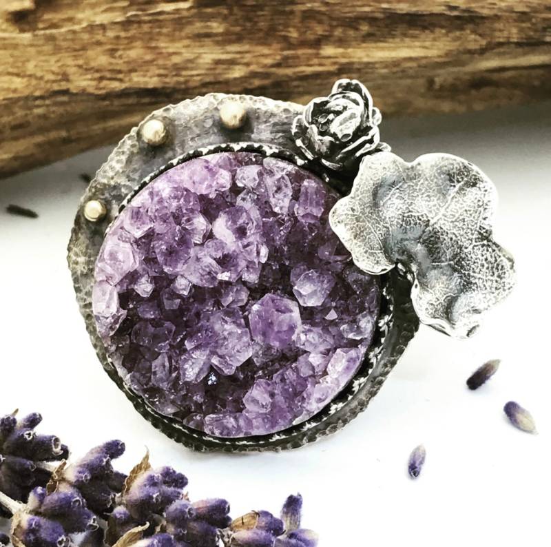 Lila Amethyst Druzy Ring, Argentium Sterling Silber Kein Nickel Blume Statement - Schiff in Den Nächsten 9 Tagen von louisagallery