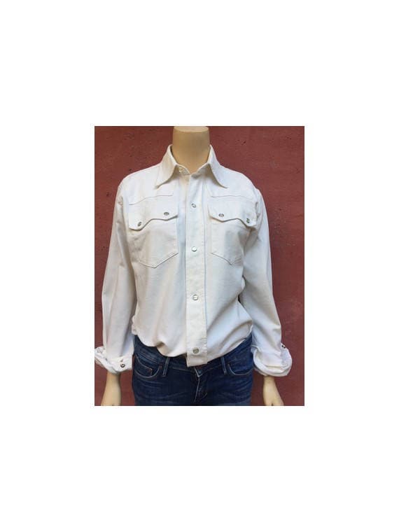 1970Er Sisley Western Cowboy Beige Baumwoll Perlen Snap Shirt Größe Eu 38-Uk10-Us6 von louloufrenchvintage
