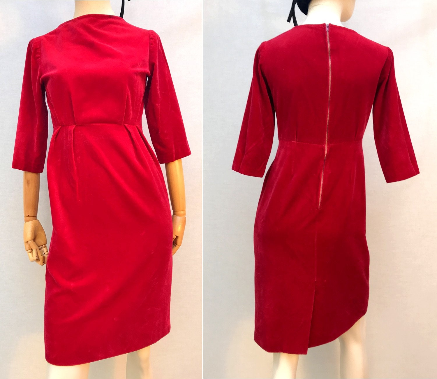 Couture 1960Er Roter Samt Bleistift Winter Party Cocktail Empire Taille Langarm Kleid Größe Eu 38-Uk10-Us6 von louloufrenchvintage