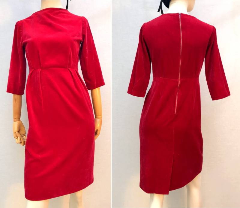 Couture 1960Er Roter Samt Bleistift Winter Party Cocktail Empire Taille Langarm Kleid Größe Eu 38-Uk10-Us6 von louloufrenchvintage