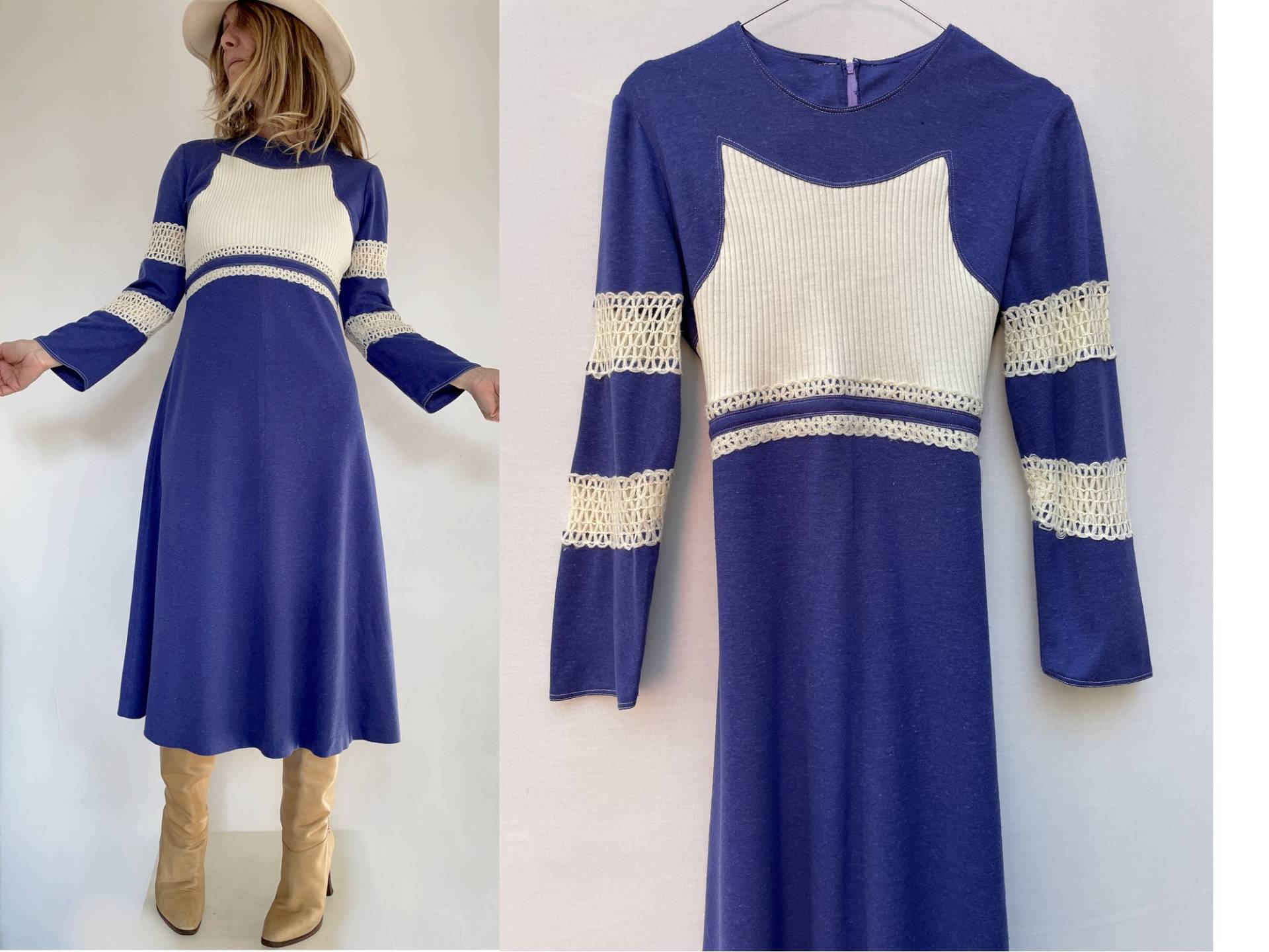 Damen 1970Er Lavendel Mit Häkelwolle Kleid Glöckchenärmel Strick Gr. 38-Uk10-Us6 von louloufrenchvintage