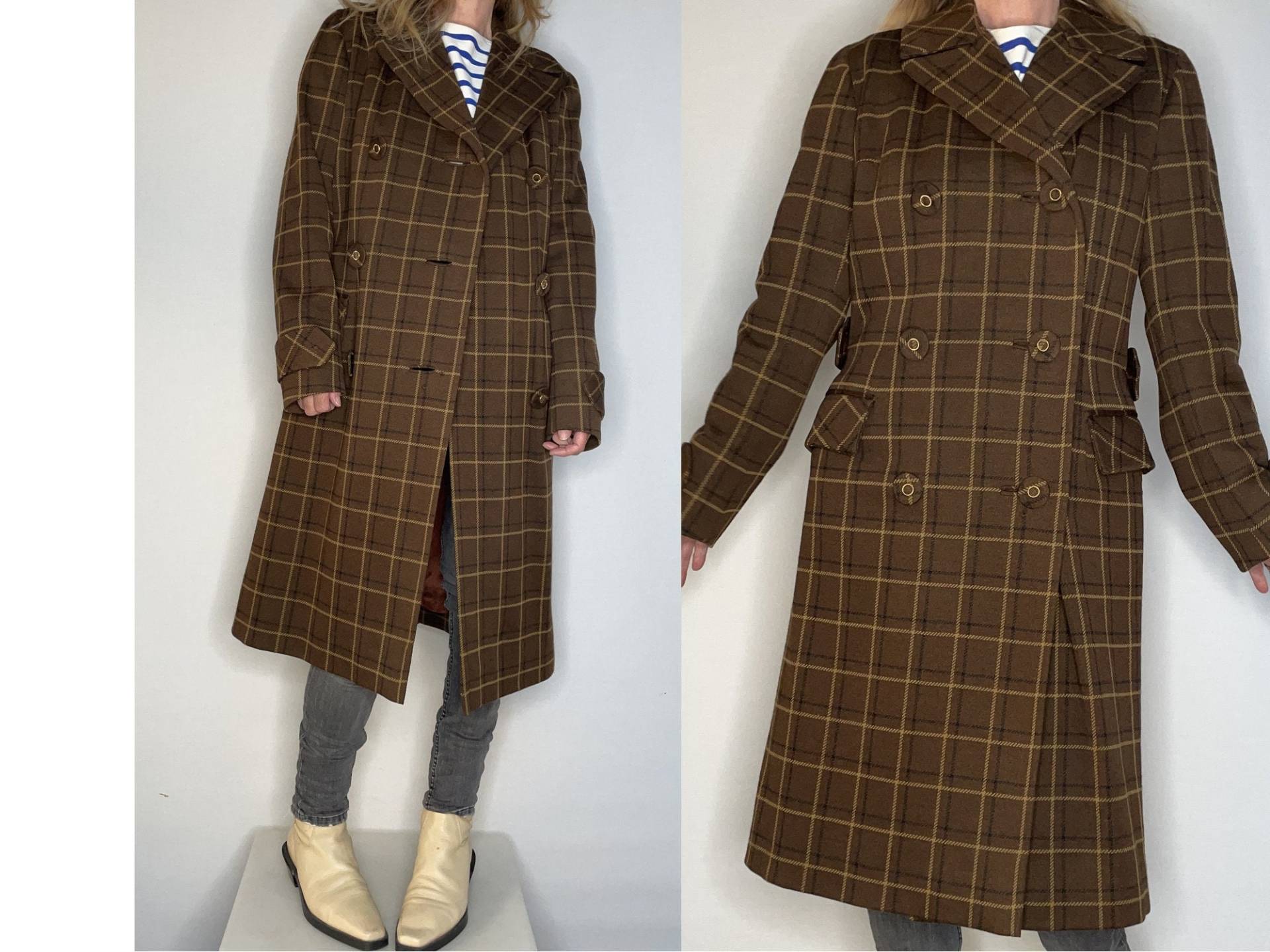Damen Mantel Vintage 70Er Karierte Wolle Haute Couture Gerade Schnitt Coat Mod Kariert Wollmantel /70Er Winter Overcoat Gr. 38- Uk 10 - Us 6 von louloufrenchvintage