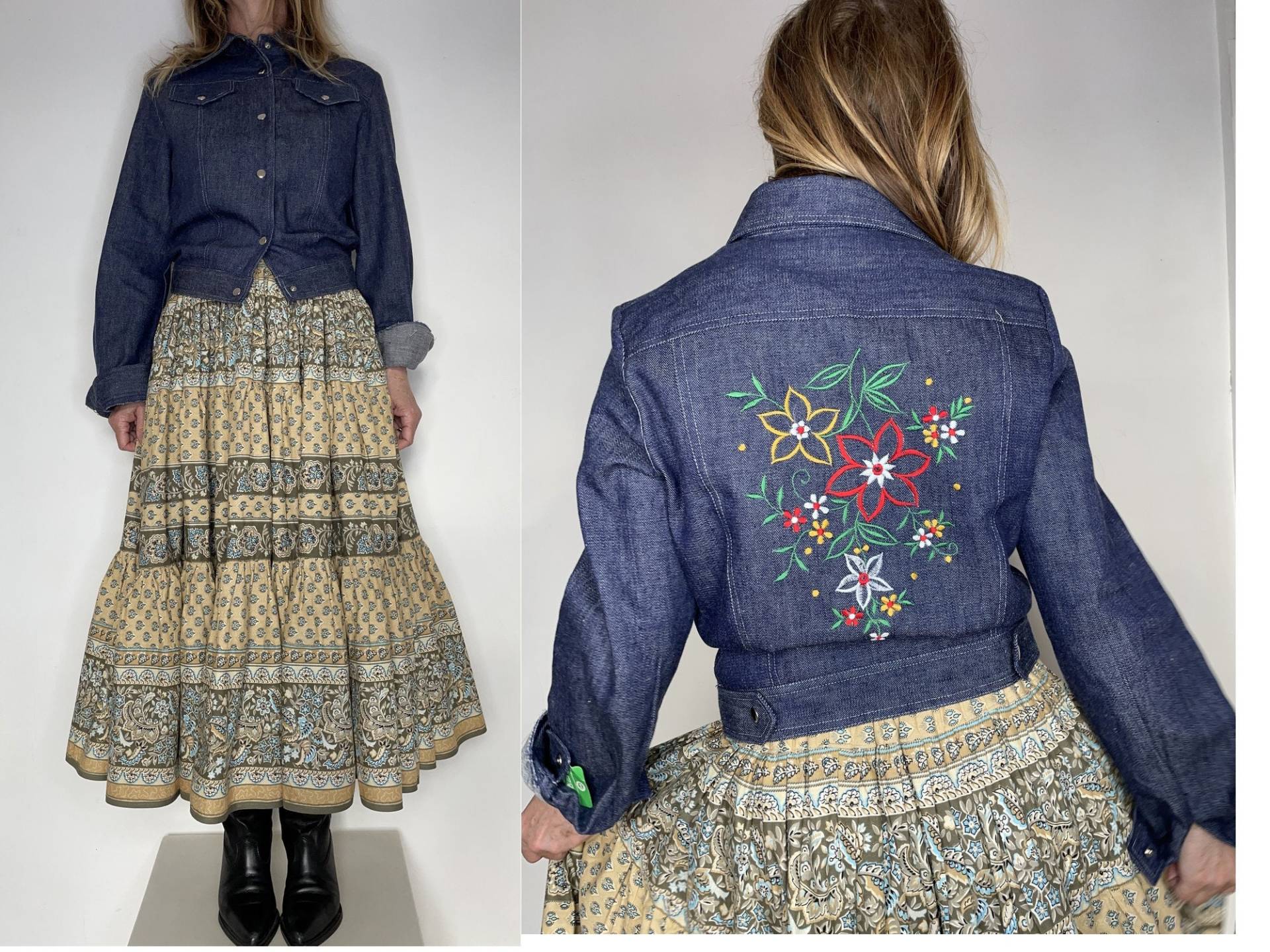 Damen Vintage 70Er Flower Power Floral Bestickt Jeansjacke Größe Klein von louloufrenchvintage
