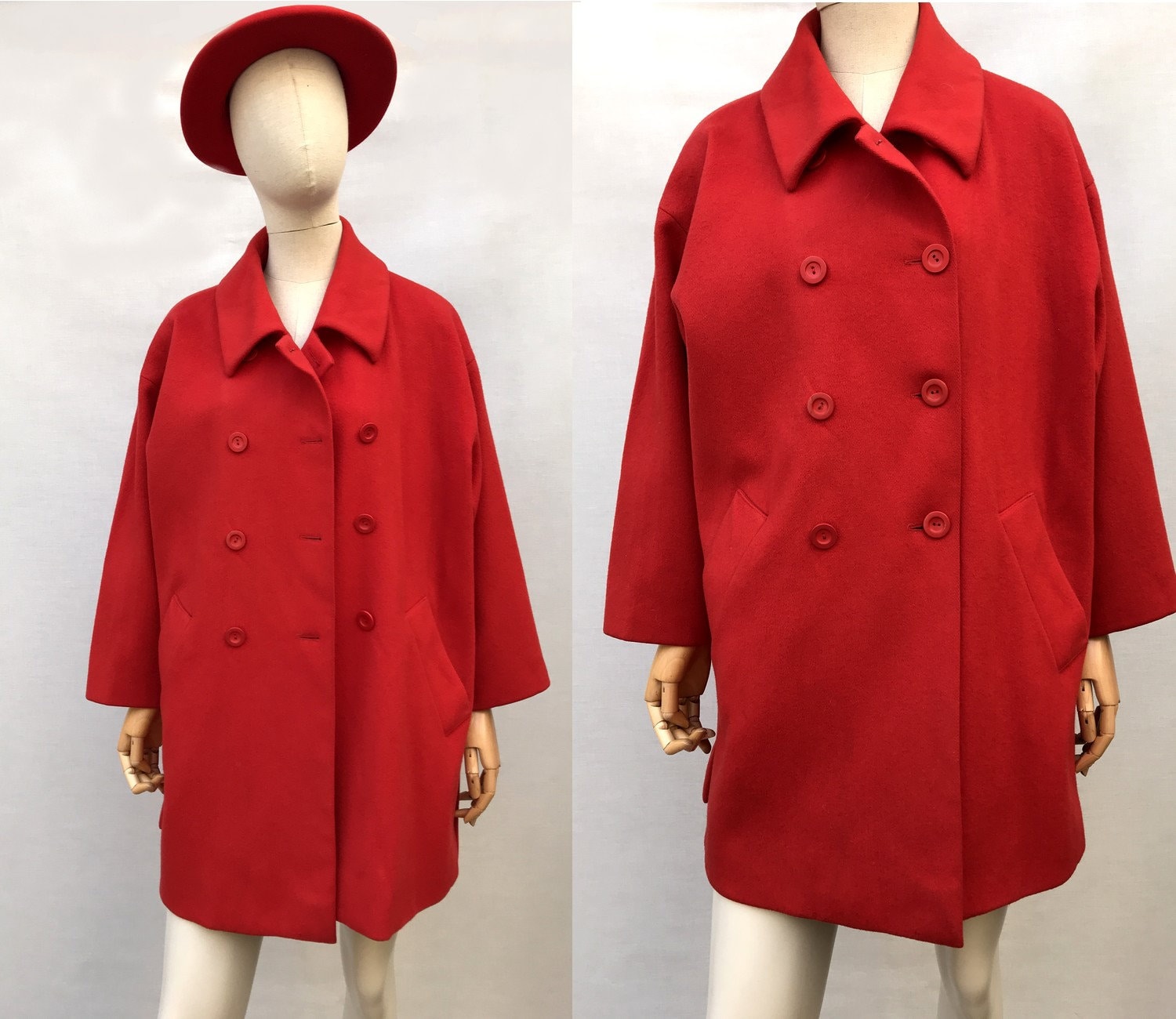 Vintage 80Er Jahre Mantel Aus Roter Wolle Und Kaschmir - Oversized, Zweireihig, Eu 38 von louloufrenchvintage