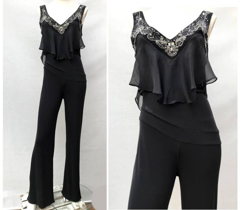 Vintage 90Er Jahre Schwarzer Perlen Jumpsuit - Rüschen Büste, Schlaghose | Eu 38 Us 6 von louloufrenchvintage