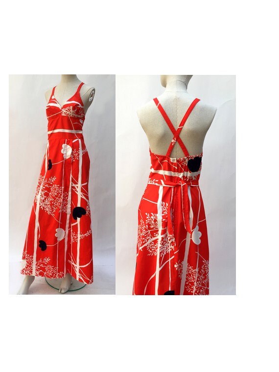 Vintage 70Er Jahre Floral Baumwoll Maxi Kleid, Gekreuzter Rücken, Größe Us8 von louloufrenchvintage