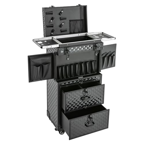4 Ebenen Kosmetikkoffer Trolley Friseurkoffer Make-Up Schminkkoffer Modern Beauty Case mit Rollen & Schloss 39 * 25,5 * 82cm, Rolling Kosmetik Koffer Damen Handgepäck Kosmetikkoffer Reisen, Schwarz von lousriyy