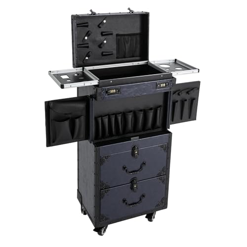 4 Ebenen Kosmetikkoffer Trolley Friseurkoffer Make-Up Schminkkoffer Retro Beauty Case mit Rollen & Schloss 39 * 25,5 * 82cm, Damen Handgepäck Kosmetikkoffer Reisen, Blau von lousriyy