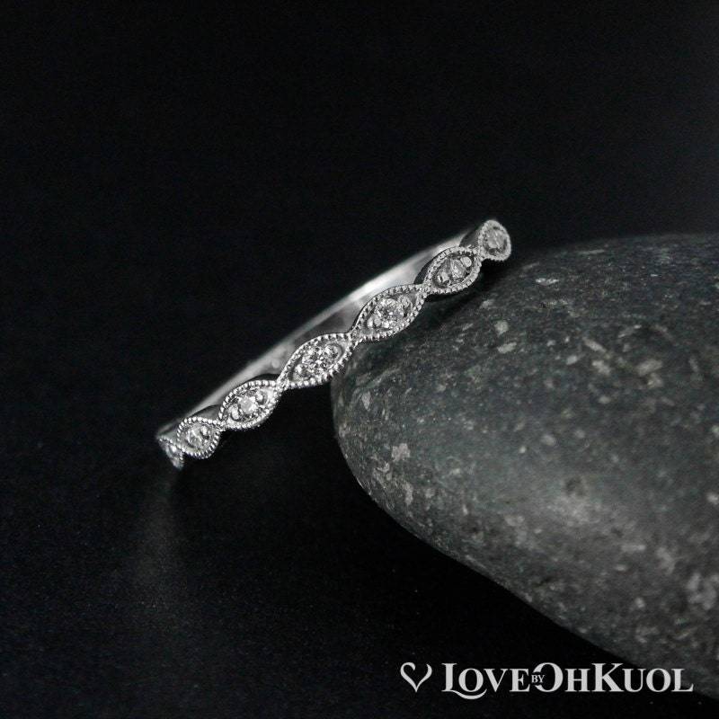 Milgrain Lab Zuchtdiamant Band Vintage 14Kt Weißgold Ring von lovebyohkuol