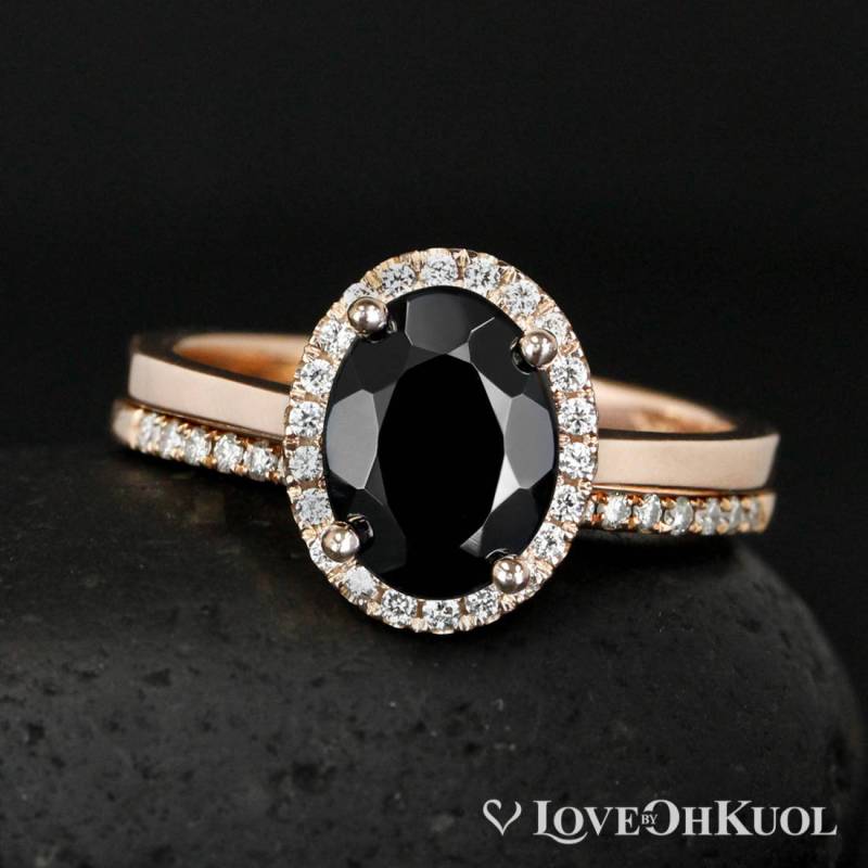 Ring Set Schwarzer Turmalin Verlobungsring Aquamariner Diamant Halo, 585Er Gold von lovebyohkuol