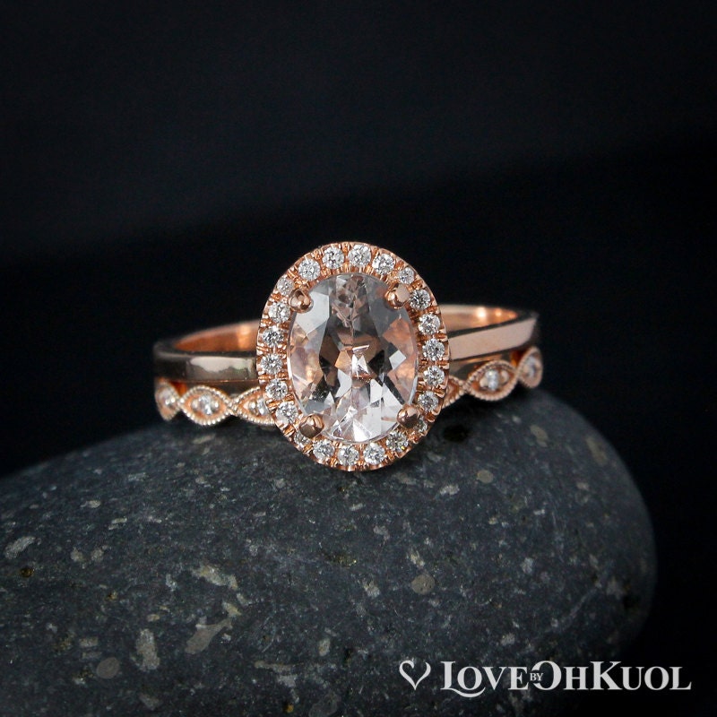 Rosa Morganit Und Halo Diamant Ring - Verlobungsring Set Vintage Milgrain Blatt Band von lovebyohkuol