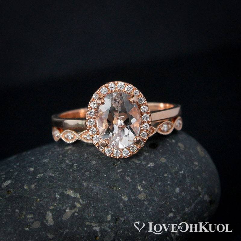 Rosa Morganit Und Halo Diamant Ring - Verlobungsring Set Vintage Milgrain Blatt Band von lovebyohkuol