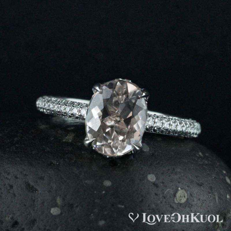 Rosa Morganit Verlobungsring Diamant Halo, Pave Band, Wählen Sie Ihr Gold von lovebyohkuol