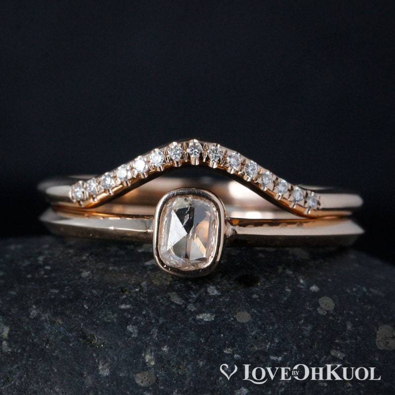 Rosenschliff Diamant Ring Set 14Kt Gold & Geschwungenes Pave Band von lovebyohkuol