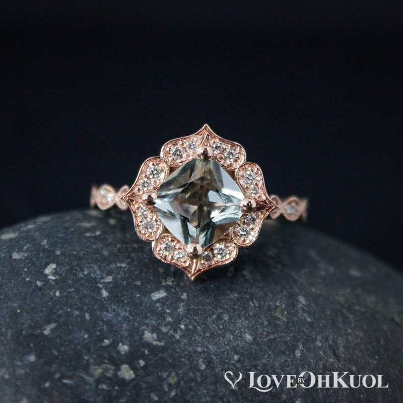 Vintage Floral Aquamarin Verlobungsring Art Deco Roségold Halo von lovebyohkuol