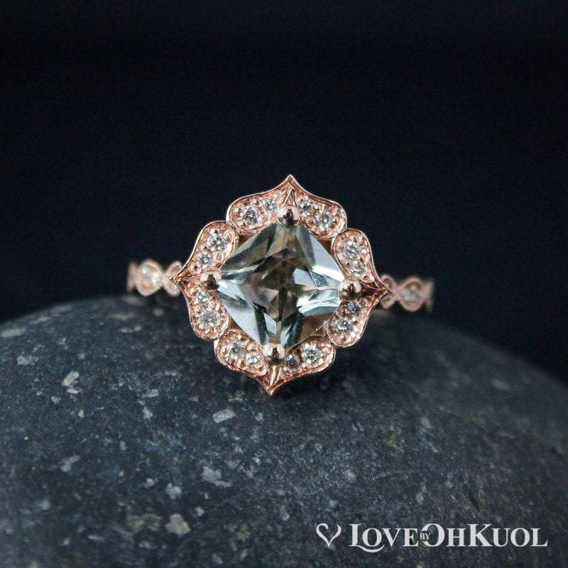 Vintage Floral Aquamarin Verlobungsring Art Deco Roségold Halo von lovebyohkuol