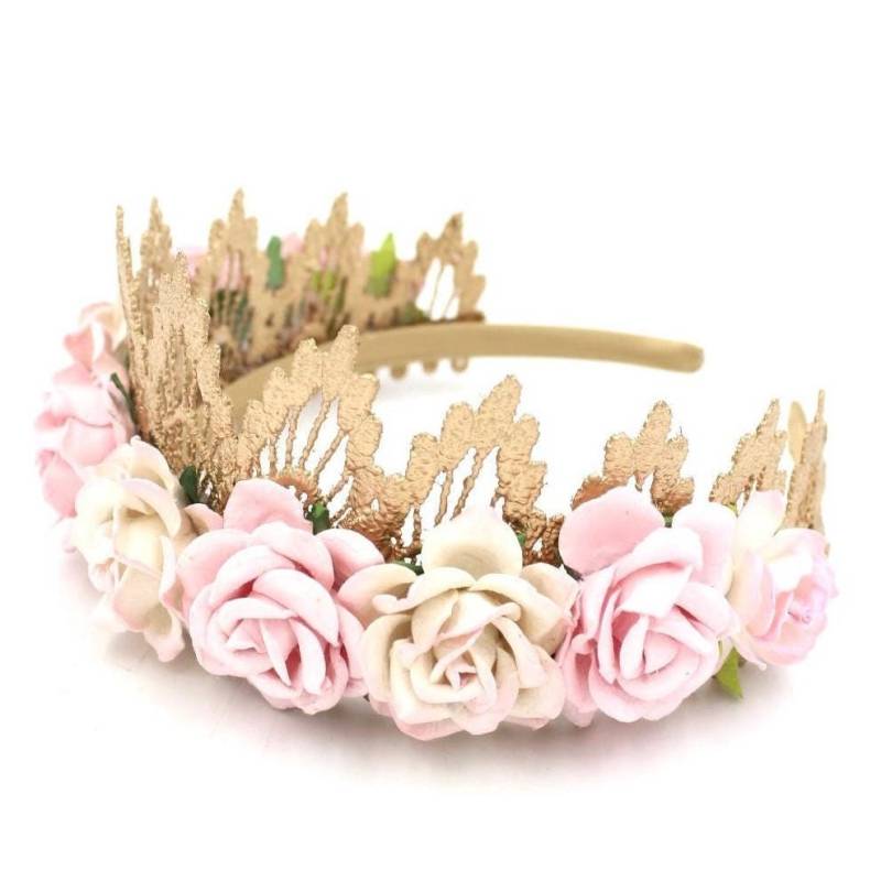 Roségoldene Spitzen-Tiara Mit Großen Blush + Rosa Rosen|| Blumenmädchen Oder Brautjungfer Krone|| Siena von lovecrushcrowns